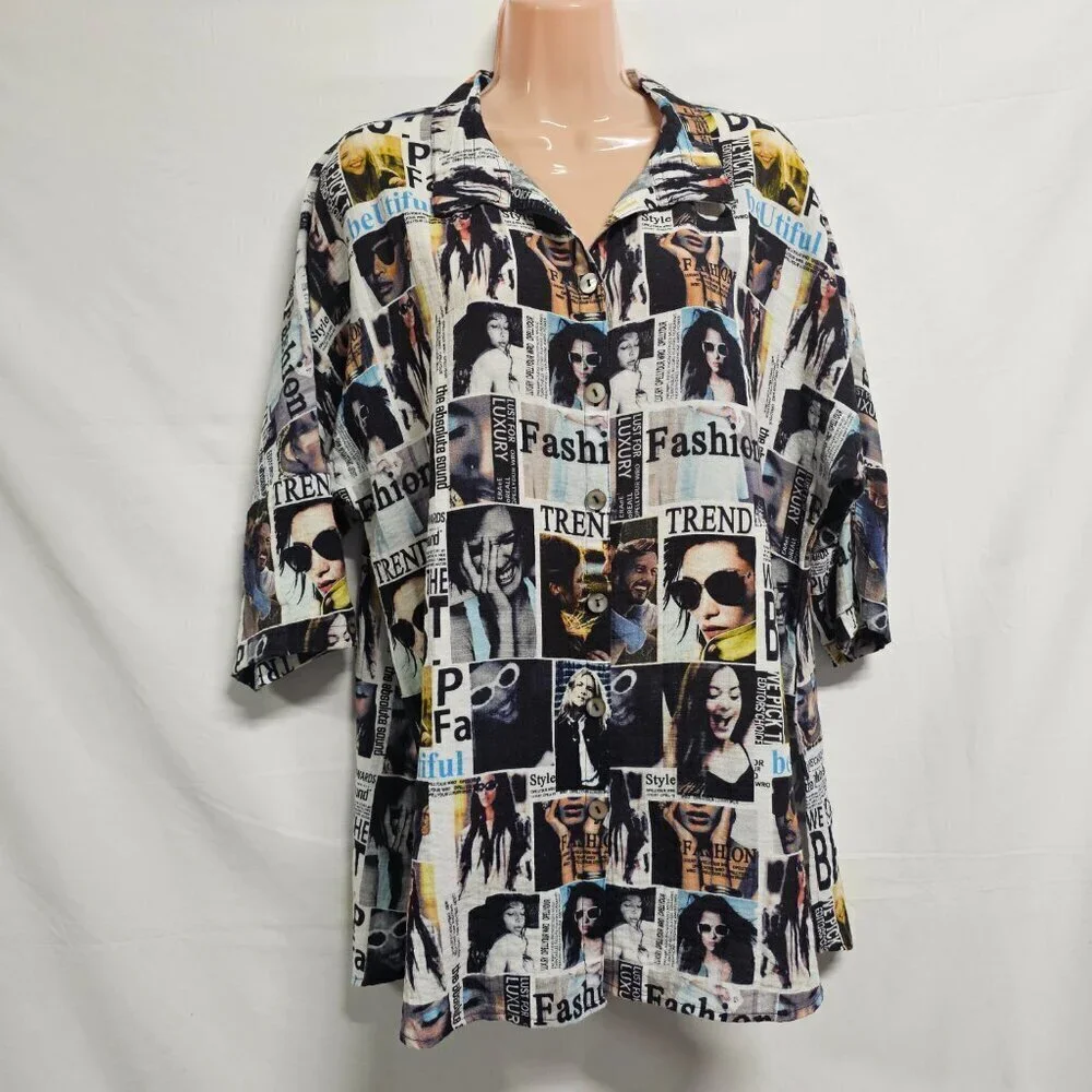 John Mark Women Graphic Button Up Collared Top Blouse Shirt Size L Deep Slits - Picture 5 of 13